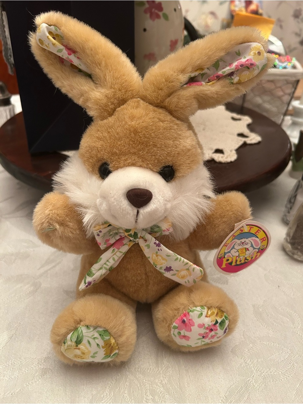 Vintage 90s brown 10 inch bunny with floral details